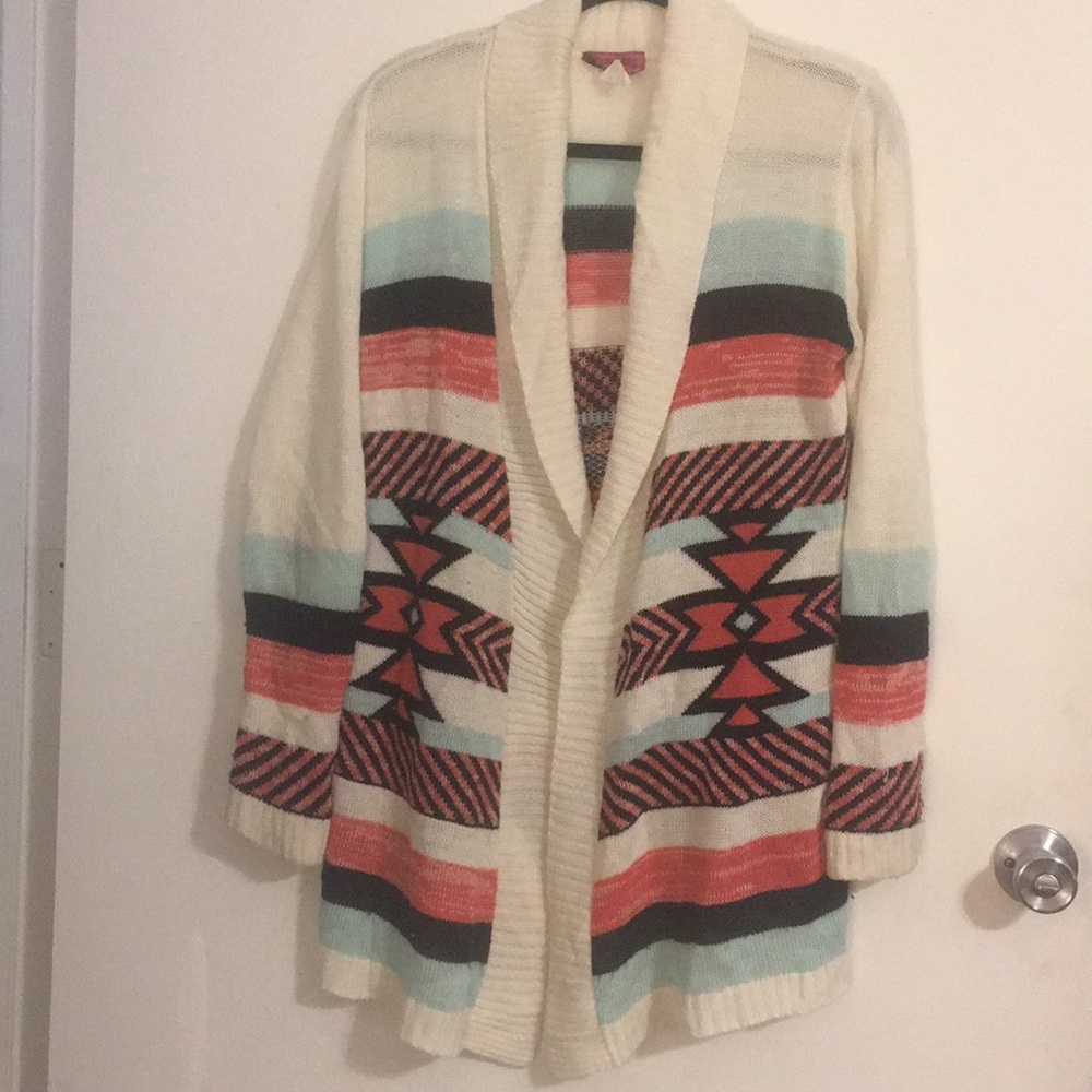 Long White Cardigan Sweater Aztec design (size L)
